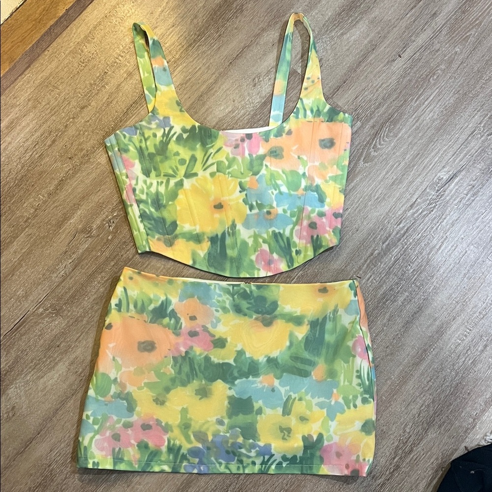 With Jean Floral Two-Piece Crop Top and Mini Skirt in Yellow, Green, Peach, Pink